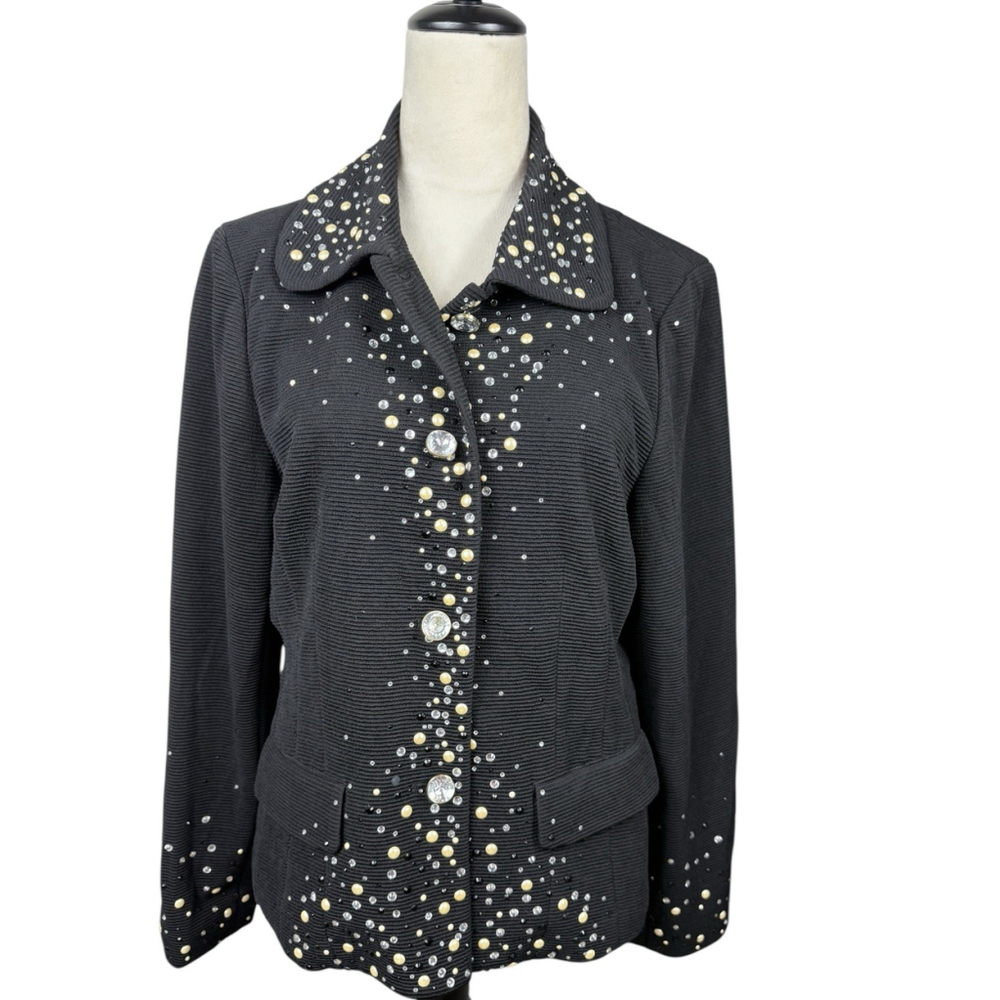 Joan Rivers Black Ribbed Rhinestone & Pearl Blazer Jacket Size Medium - Picture 2 of 9